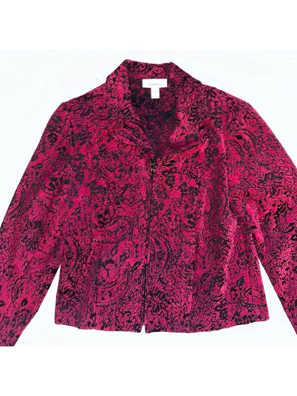 EUC Women’s SP Dressbarn Textured Tapestry Red Paisley Full Zip Dress Jacket